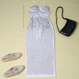 White Rhinestone Sexy Cami Midi Dress