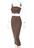 Brown Bandeau Top and Pencil Skirt 2pcs Set