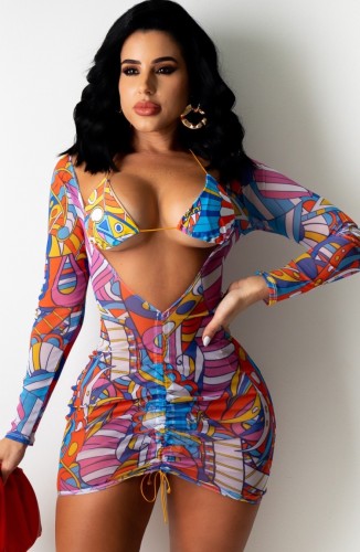 Multicolor Print Bra and Long Sleeve Mini Dress Two Pieces