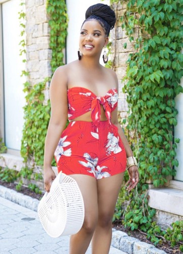 Red Floral Tied Bandeau Top and Shorts Set