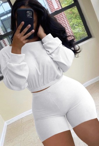 Two Pieces White Ribbed Long Sleeve Crop Top and Biker Shorts Set