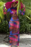 Print Long Sleeve Transparent Maxi Beach Dress