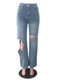 Blue Big Holes Distressed High Waisted Jeans