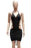 Sexy Black Cut Out Halter Ruched Bodycon Mini Dress
