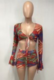 Print Sexy Front Tie Crop Top and Ruched Mini Skirt Set