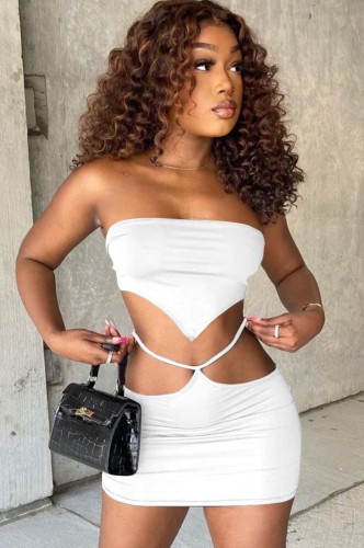 Sexy White Strapless Crop Top and Cut Out Mini Skirt Set