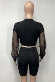 Casual Black Mesh Sleeve Crop Top and Biker Shorts Set