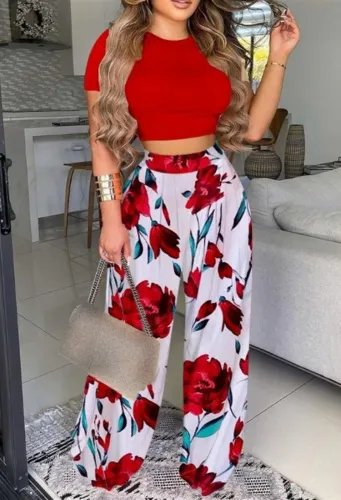 Solid Crop Top and Print High Waist Wide Leg Pants Set