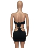Sexy Black Strapless Crop Top and Cut Out Mini Skirt Set