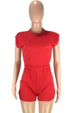 Contrast Binding Red Mock Neck Top and Shorts Set