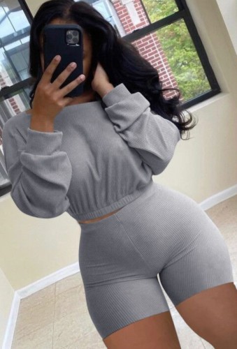 Two Pieces Grey Ribbed Long Sleeve Crop Top and Biker Shorts Set