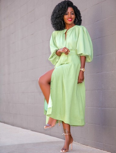 Green Puff Sleeve Belted Long Skater Dress