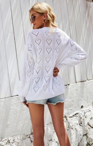 White Heart Pattern V-Neck Pullover Sweater