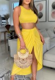 Yellow Cropped Tank and Ruched Wrap Front Long Skirt Set