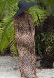 Leopard Print Long Sleeve Transparent Maxi Beach Dress