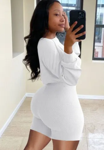 Two Pieces White Ribbed Long Sleeve Crop Top and Biker Shorts Set