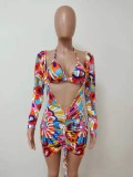 Multicolor Print Bra and Long Sleeve Mini Dress Two Pieces
