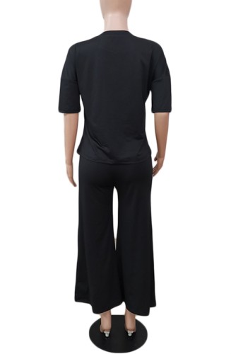 Black Half Sleeve Top and Wide Pants 2PCS Set