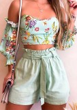 Green Floral Off Shoulder Crop Top & High Waist Shorts Set