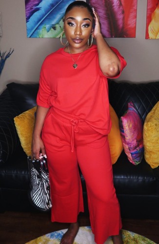 Red Half Sleeve Top and Wide Pants 2PCS Set