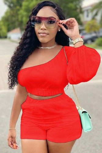 Red One Shoulder Crop Top and Shorts 2PCS Set