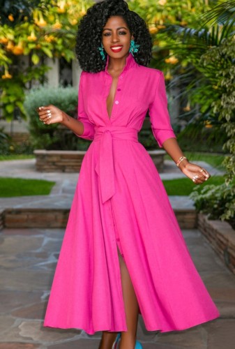 Hot Pink Puff Sleeve Belted Long Skater Dress