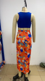 Blue Cropped Tank and Print Ruched Wrap Front Long Skirt Set