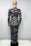 Zebra Print Long Sleeve Transparent Maxi Beach Dress