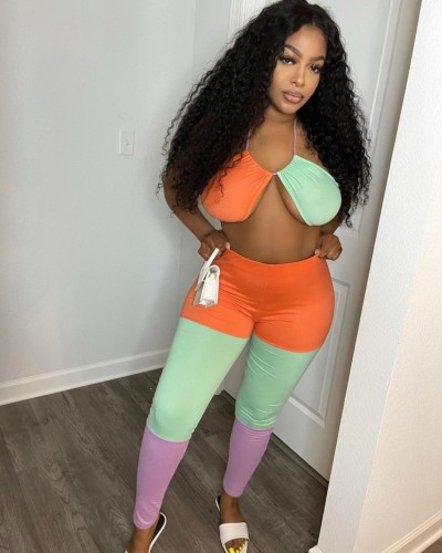 Sexy Color Block Bra Top and Pants Two Piece Set
