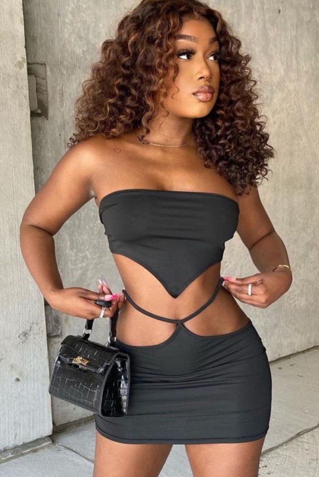 Sexy Black Strapless Crop Top and Cut Out Mini Skirt Set