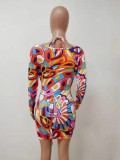 Multicolor Print Bra and Long Sleeve Mini Dress Two Pieces