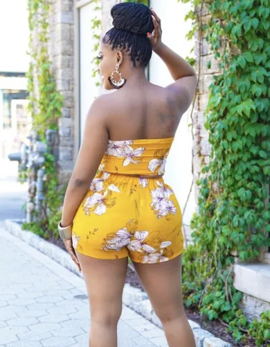Yellow Floral Tied Bandeau Top and Shorts Set
