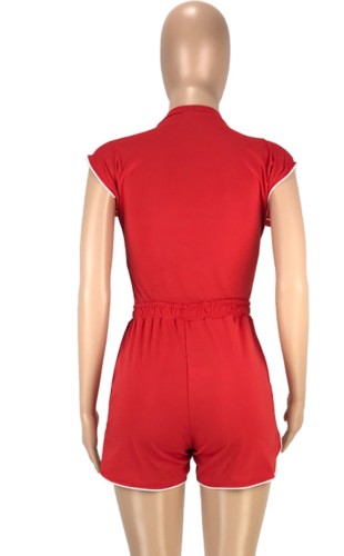 Contrast Binding Red Mock Neck Top and Shorts Set