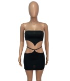 Sexy Black Strapless Crop Top and Cut Out Mini Skirt Set