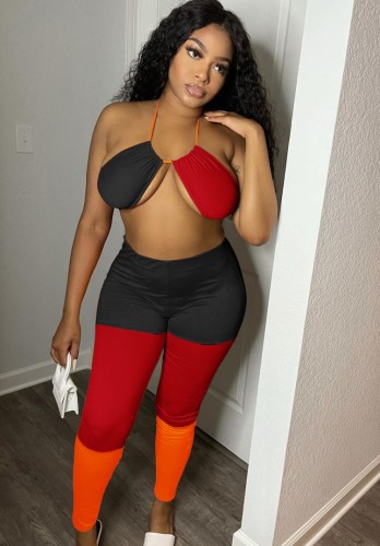 Sexy Color Block Bra Top and Pants Two Piece Set