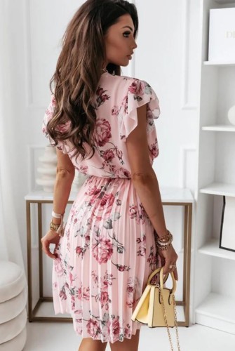 Ruffles V-Neck Floral Tie Waist Pleated Dress