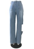 Blue Big Holes Distressed High Waisted Jeans