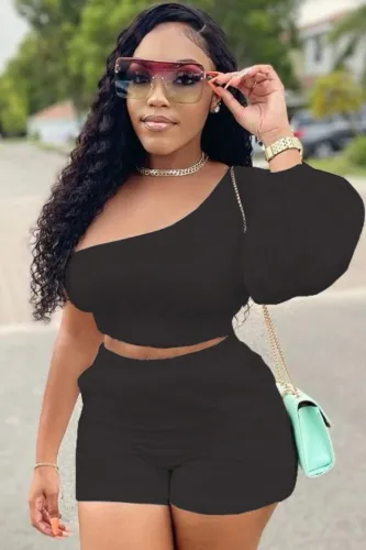 Black One Shoulder Crop Top and Shorts 2PCS Set