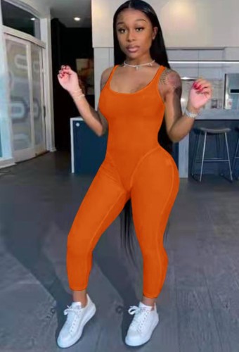 Sports Orange Sleeveless Bodycon Jumpsuit