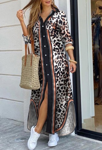 Leopard Print Long Sleeve Slit Long Shirt Dress