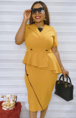 Yellow Peplum Office Lady Short Sleeve Midi Dress
