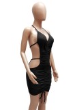 Sexy Black Cut Out Halter Ruched Bodycon Mini Dress