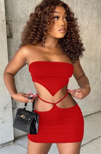 Sexy Red Strapless Crop Top and Cut Out Mini Skirt Set