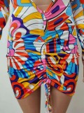 Multicolor Print Bra and Long Sleeve Mini Dress Two Pieces