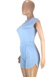 Contrast Binding Blue Mock Neck Top and Shorts Set