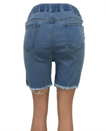Blue Drawstrings Ripped Holes Denim Shorts