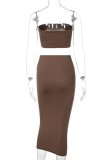 Brown Bandeau Top and Pencil Skirt 2pcs Set