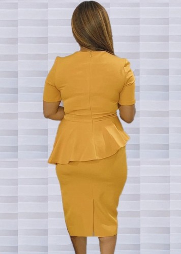Yellow Peplum Office Lady Short Sleeve Midi Dress