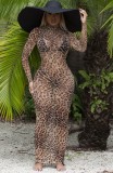 Leopard Print Long Sleeve Transparent Maxi Beach Dress
