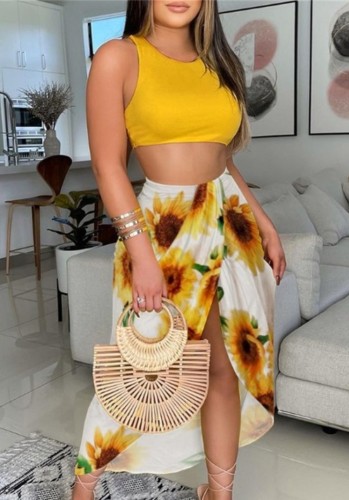 Yellow Cropped Tank and Print Ruched Wrap Front Long Skirt Set
